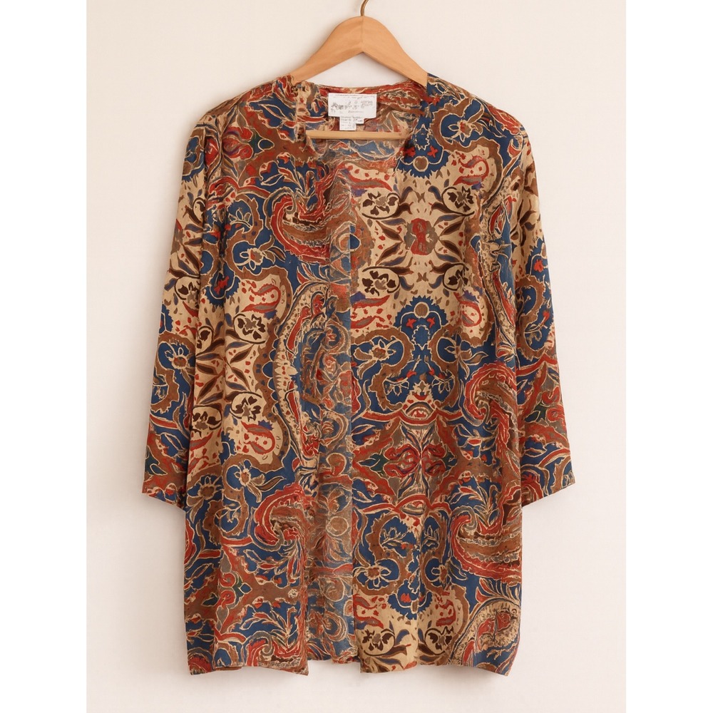 70s Vintage Linda Davis 100% Silk sz L Womens Long Paisley Crop Sleeve Blouse